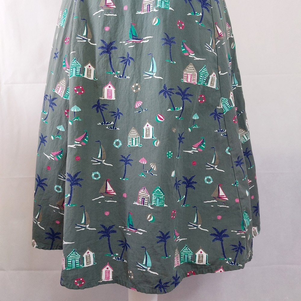 Debenhams Beach Hut Palm Print 100% Cotton Sleeveless Green Unique Dress Size 16 - Picture 3 of 11